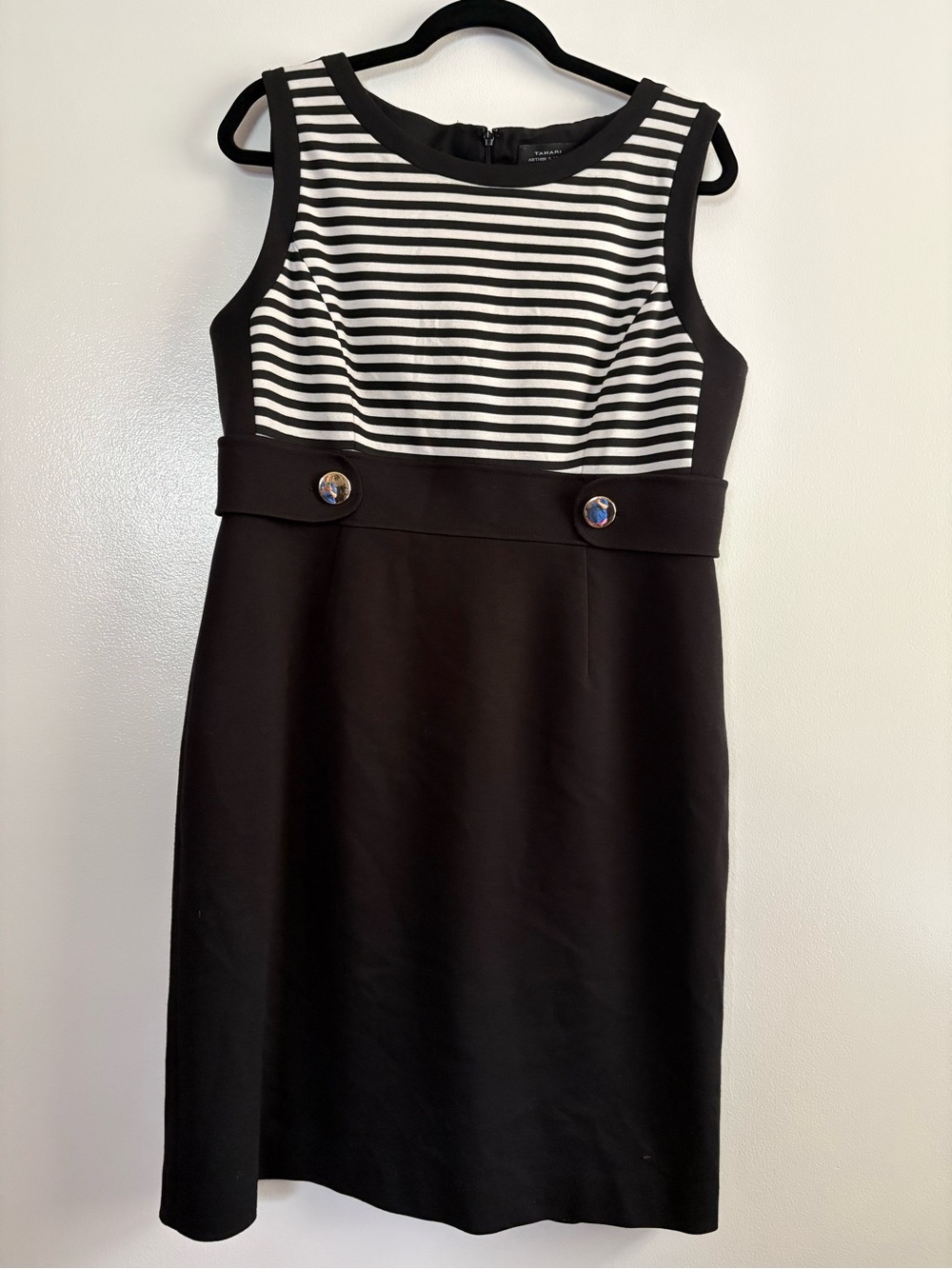 Tahari ASL Sleeveless Black White Striped Bodice Sheath Dress Size 12